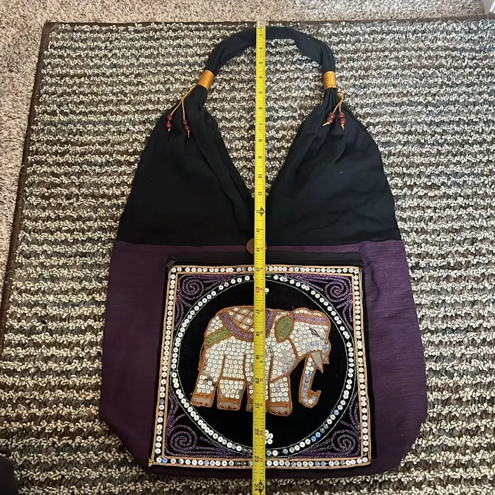 Embroidered Sequin Elephant Purse Shoulder Bag Tote Elephant Thailand Hobo Beads